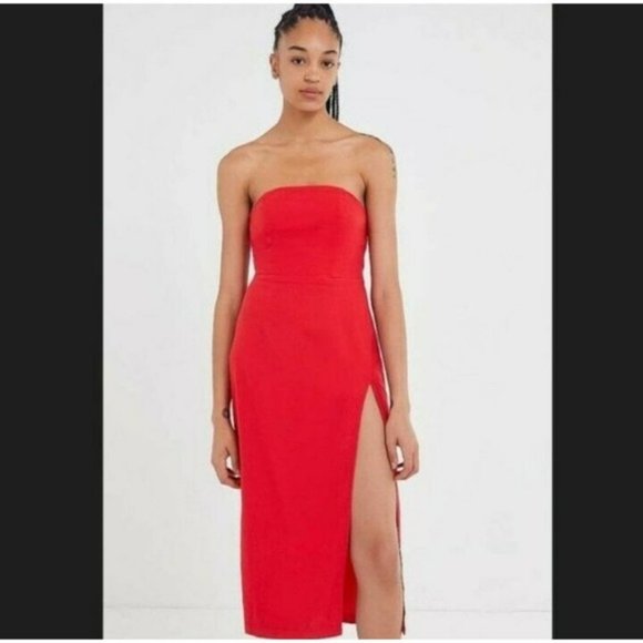 Urban Outfitters | Red Linen Strapless Midi Dress Leg Slit Column Dress Size S - Picture 2 of 13